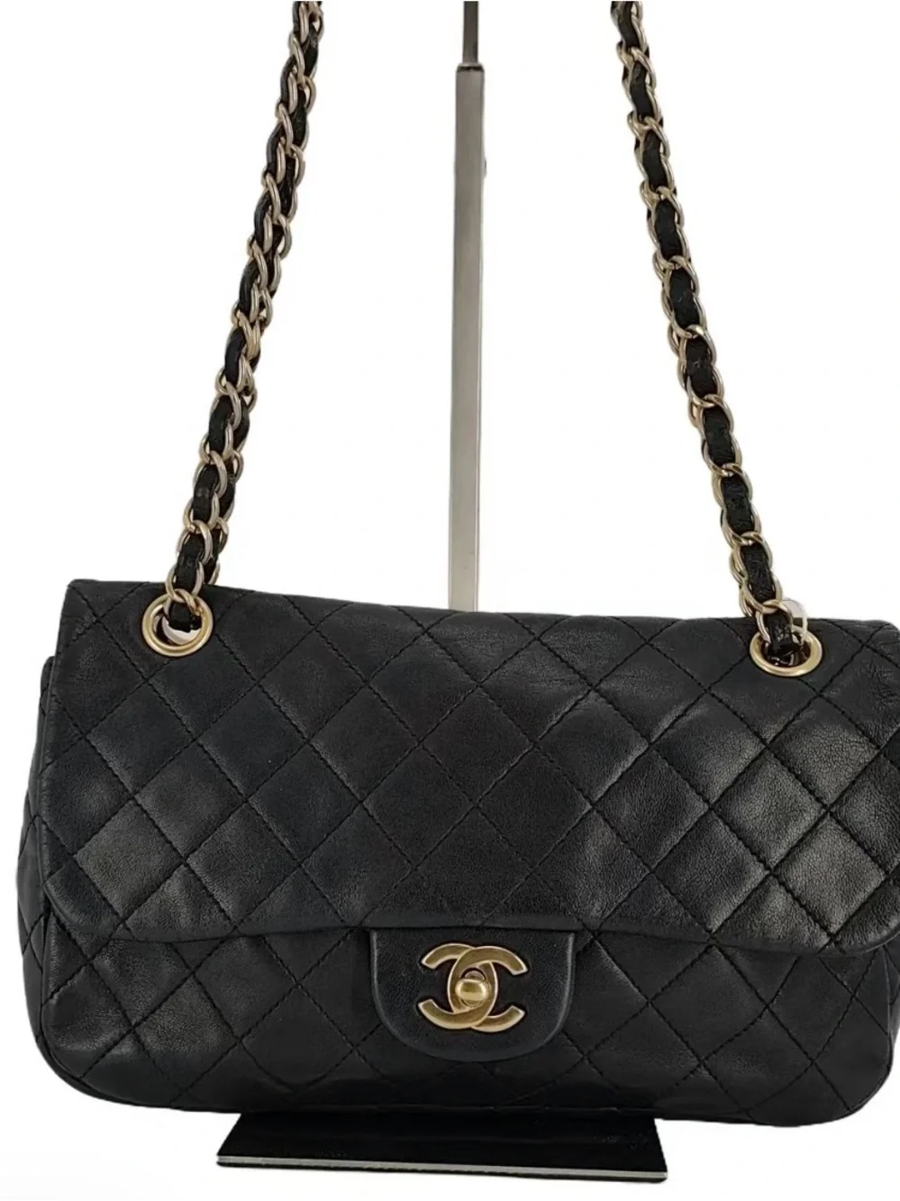 Authentic CHANEL Black Quilted Lambskin Shoulder Bag with Gold Hardware